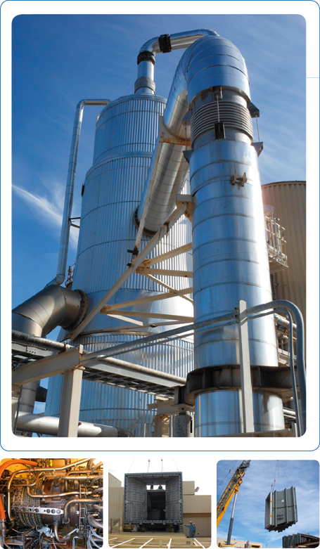 Top: Picture of Brine concentrator project for LA County ISO-Pichness Cogeneration Plant. Bottom Left: Picture of Fuel piping modification for a gas turbine at the APS Sundance Generating Station in Coolidge Arizona. Bottom Center: Picture of Plenum cowling duct. Bottom Right: Picture of Expansion joint and transition duct replacement at the APS Yucca Power Plant in Yuma, Arizona.