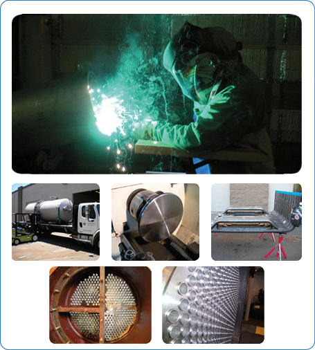 Top: Picture of Fabrication of aluminum header. Bottom Left: Picture of Fabrication of Brine concentrate tank. Bottom Center: Picture of Machining of header end caps. Bottom Right: Picture of Fabrication of fuel feed chutes for the IVRRC, Power Plant in El Centro, California.