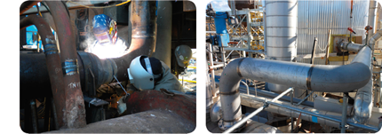 Left: Picture of Main steam replacement at Dinuba Energy in Reedley, California. Right: Picture of Upgraded stainless from 316L to AL6N stainless piping and expansion joints at the Pichness Cogeneration Plant in Caustic, California.