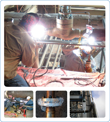 Top: Picture of Valve replacement. Bottom Left: Picture of Replacing P-91 drain piping. Bottom Center: Picture of Approved vendor for GE to test turbine piping for leaks and flex hoses. Bottom Right: Picture of Spring can adjustment and change-out.