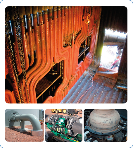Top: Picture of Installation of fuel feed chute waterwall panels at Greenleaf Power in Mecca, California. Bottom Left and Bottom Center: Pictures of Installation of 20 inch HDPE piping at the Mesquite Power Plant in Arlington, Arizona. Bottom Right: Picture of Attemperator change-out at the SRP Santan Generating Station in Gilbert, Arizona.
