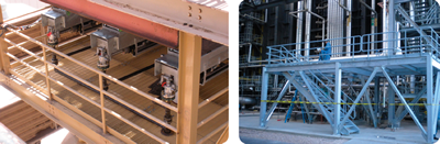 Left: Picture of Upgraded outdated sootblower system with new rotory full track sootblower. Fabricated new sootblower boxes, on-site bending of new waterwall tubes, repluming of inlet steam-line and repluming steam traps and drain. Right: Picture of Fabricated and installed catwalks to support new feedwater piping.